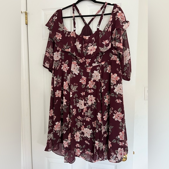 Torrid Maroon Floral Cold Shoulder Midi Dress, Size 22 - Picture 3 of 3